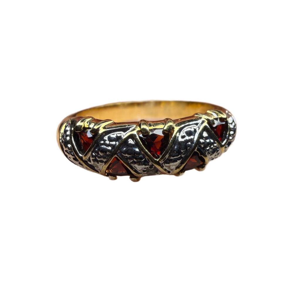Gold & Silver Tone Dome Band Ring Genuine Trillion Cut Garnets and diamond Sz 7